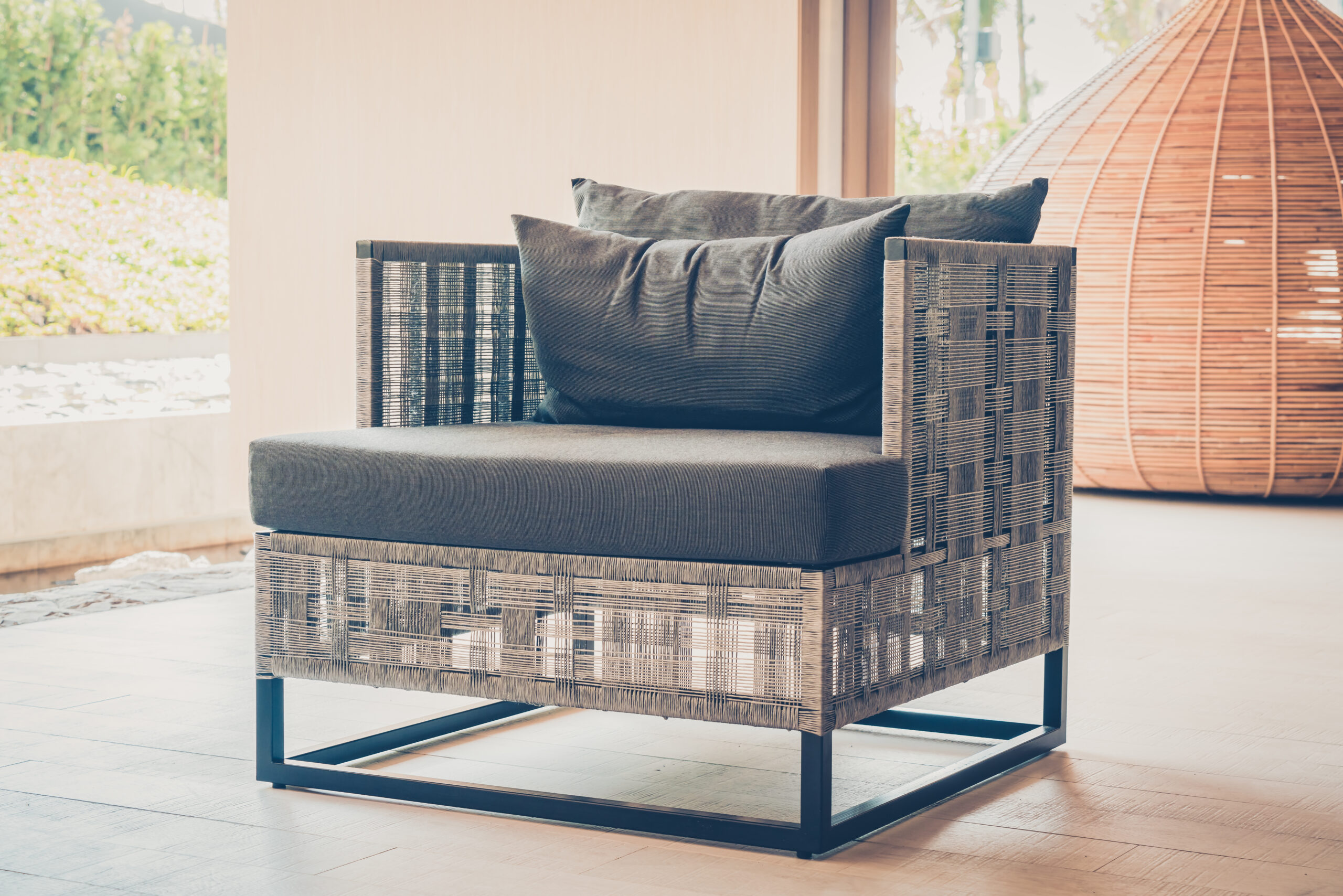 Outdoor deck with modern chair and table - Vintage filter